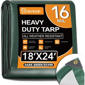 Tarp Waterproof 18x24Ft, Extra Thick 16 Mil Heavy Duty Tarp Cover, Tear & Fade Resistant, Outdoor Tarps with Brass Grommets and Reinforced Edges for Roof, Camping, Patio, Boat (Green/Silver)