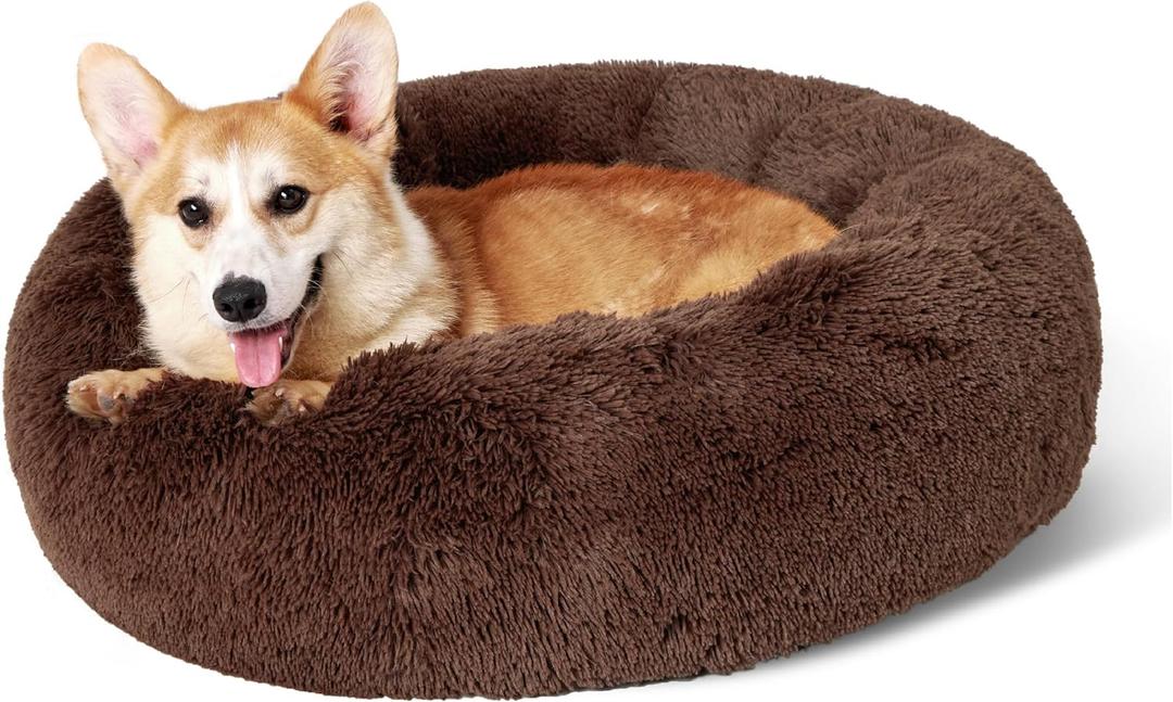 Bedsure Calming Dog Bed for Medium Large Dogs - Donut Washable Large Pet Bed, 33 inches Anti-Slip Round Fluffy Plush Faux Fur Dog Bed, Coffee