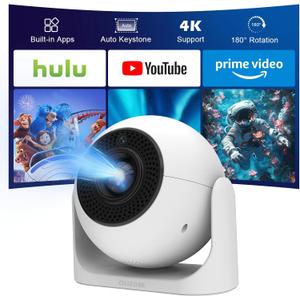 Mini Projector with WiFi and Bluetooth, 4K Support 180 Rotation, Auto Focus & Keystone Portable Projector with Built-in Apps and Speaker, Home Movie Projector Compatible with TV Stick/Phone/Laptop (White ball)