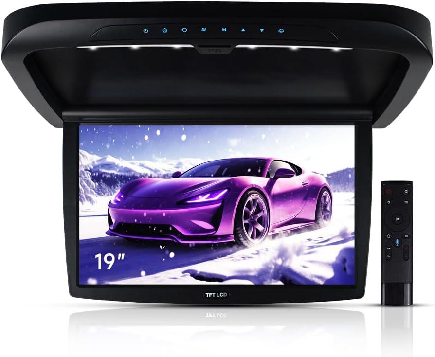 19.5 inch Motorized Full Touch Screen Android System Car Overhead Monitor Ceiling Wide IPS Screen Built in Speakers Drop Down Ceiling Mounted Monitor with Support for 8K Video Bluetooth WiFi HDMI USB