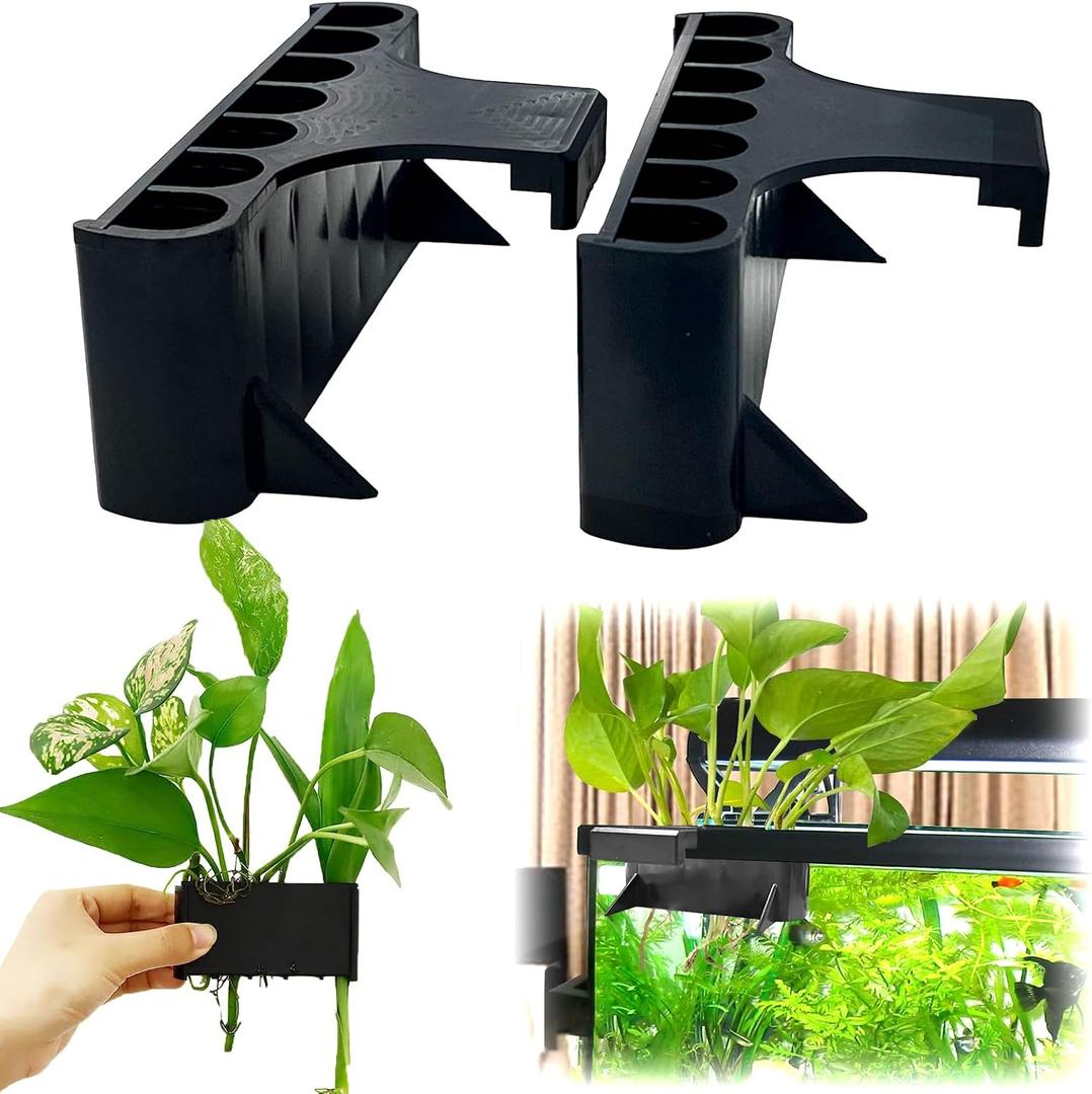 2PC 7 Holes Upgraded Aquarium Plant Holder, Aquatic Plants Cup for Tank, Fish Tank Plant Holder with Long Hook, Aquarium Feeder for Aquascape Decorations on Top of Tank (Black-2PC)