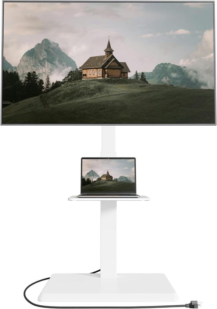 Steel Base Floor TV Stand with Power Outlet for 32-75 inch TVs up to 110 lbs, Leveling & Tilt & Swivel TV Stand with Hidden Wire Management, Height Adjustable TV Stand with Steel Shelf, White