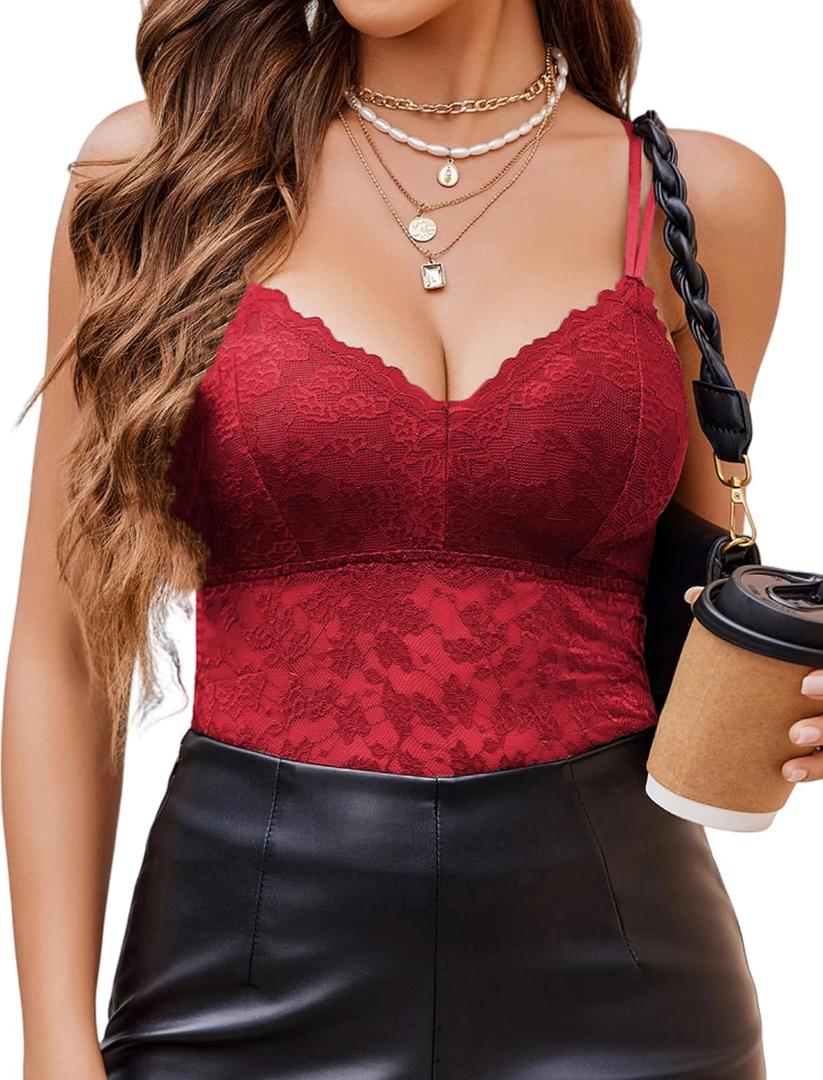 Avidlove Lace Bralette for Women V Neck Camisole Lingerie Spaghetti Strap Tube Slim Tank Top (XX-Large, Wine Red)