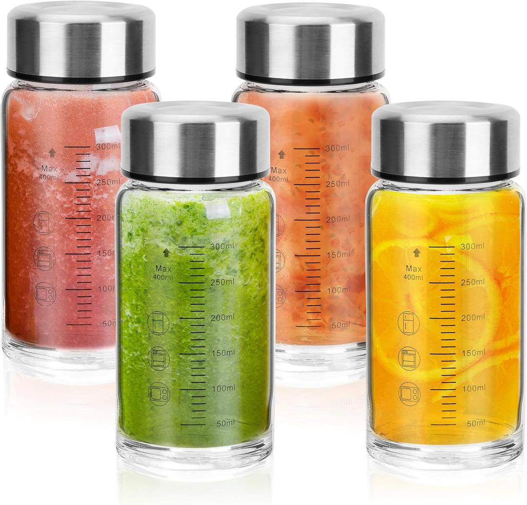 souG 4 Pack 14oz Juice BottlesWide Mouth Glass Water Bottles with Lids - for Juicing, Smoothies, Milk, Protein, BPA Free, Reusable, Stainless Steel Lids, Leak Proof, Shaker bottle (14oz/400ml)