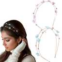 2 Pcs Metal Flower Headbands for Women, Thin Non-Slip Hairbands with Rhinestones and Pearls, Elegant Bridal Hair Accessories for Women Girls