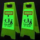 2 Pieces Reflective Kids Playing Sign for Street Slow Down Kids at Play Sign Double Sided 24 Inch Portable Handle Children at Play Warning Board Safety Signs Neighborhood School Park Sidewalk (Green)