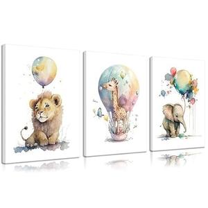 3pcs Cute Nursery Balloon Animal Canvas Wall Art Watercolor Giraffe Lion And Elephant Posters Prints Safari Animal Wall Decor Pictures for Kids Room Boys And Girls Home Decoration Unframed