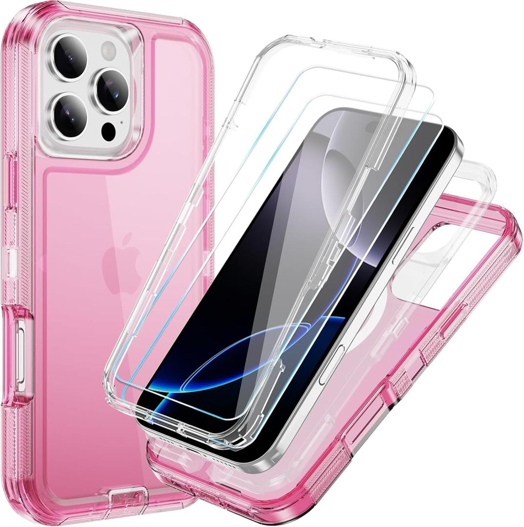 Compatible with iPhone 16 Pro Case with HD Screen Protector, Heavy Duty Shockproof [3 in 1] Clear Phone Cases for iPhone 16 Pro 6.3" (Pink)