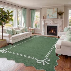 Garvee Scalloped Bow Rug 5x7, Soft Large Washable Area Rugs for Living Room Bedroom Dining, Non Slip Faux Wool Low Pile Farmhouse Nursery Decor, Boho Home Decor Rugs, Machine Washable, Green