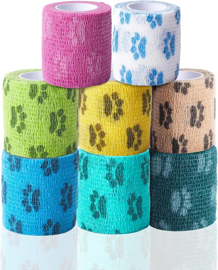 Self-Adhesive Vet Bandage Wrap, First Aid for Dogs & Horses, Multi-Use for Gear Grip & Cable Organizing, Individually Wrapped, 2 Inch, 8 Rolls, Spring Bloom Paw
