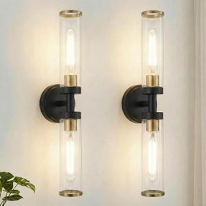 Black and Gold Wall Sconces Set of Two, Bathroom Light Fixtures with Clear Glass Modern Hardwired Wall Scones for Bathroom Mirror Living Room Hallway Bedroom(Bulbs Not Include)