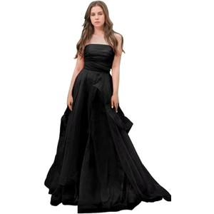 Organza Prom Dress Pleated Tulle Ball Gown Strapless Party Dress A Line Puffy Formal Evening Gown for Women, M