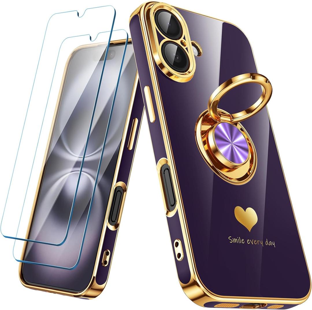 Compatible for iPhone 16 Case with 2 Pack Screen Protector, 360 Rotatable Ring Holder [Luxury Hearts Pattern] Plating Gold Edge Slim Soft Phone Cover Case for iPhone 16 - Purple