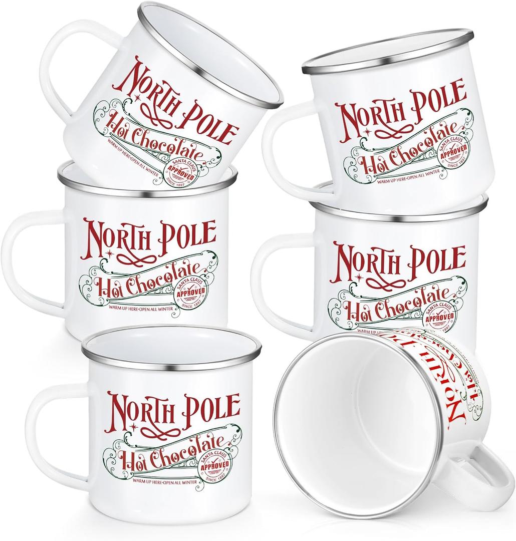 Yaomiao North Pole Hot Chocolate Mug Christmas Coffee Mugs Christmas Gifts Santa Xmas Enamel Cups with Handle Stainless Steel Mug for Women Men Employee(6 Pcs,Stainless Steel, Enamel)