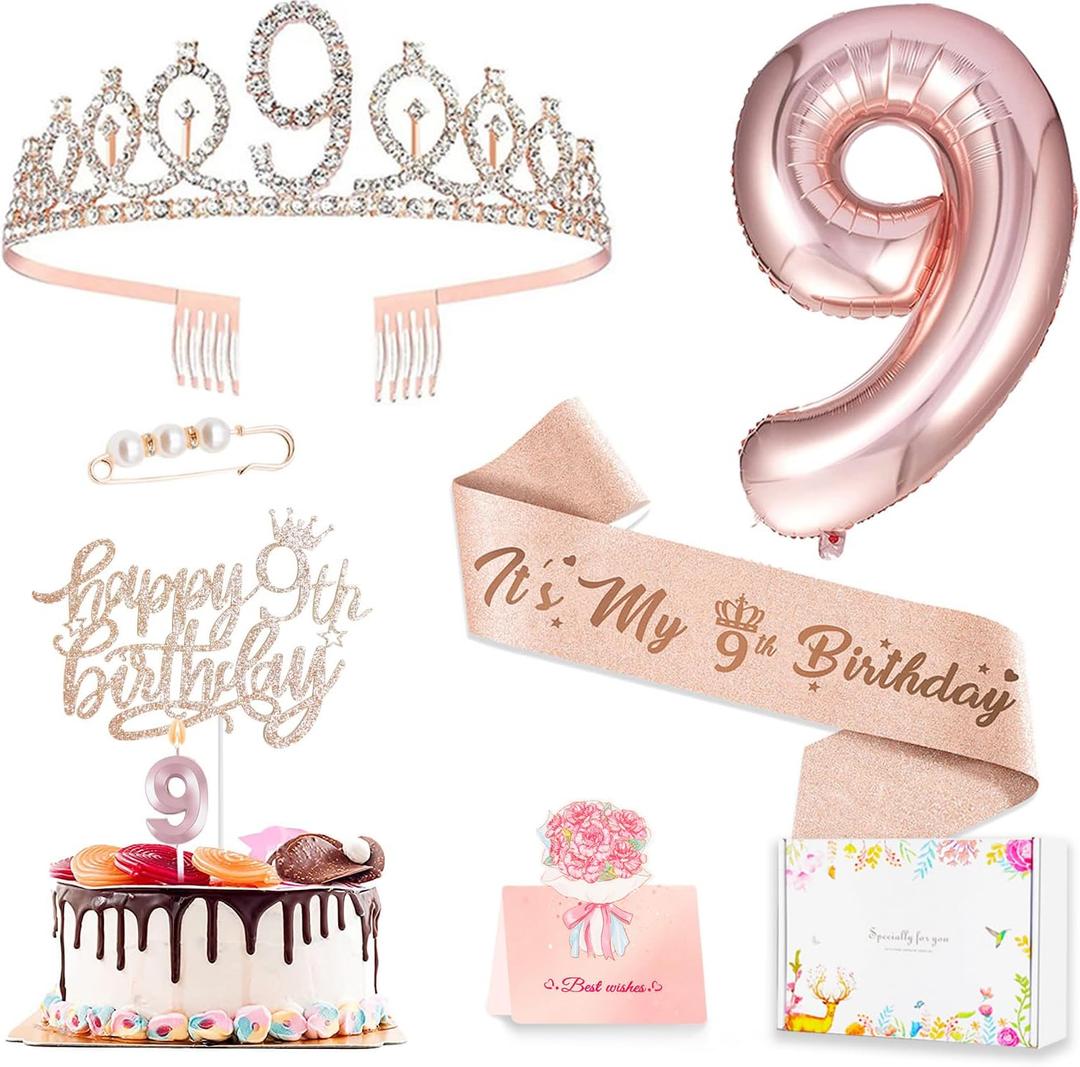 9th Birthday Decorations for Girls, Including 9 year old Birthday Cake Topper, Queen Sash with Pearl Pin, Sweet Rhinestone Tiara Crown, Number Candles and Balloons Set, Rose Gold