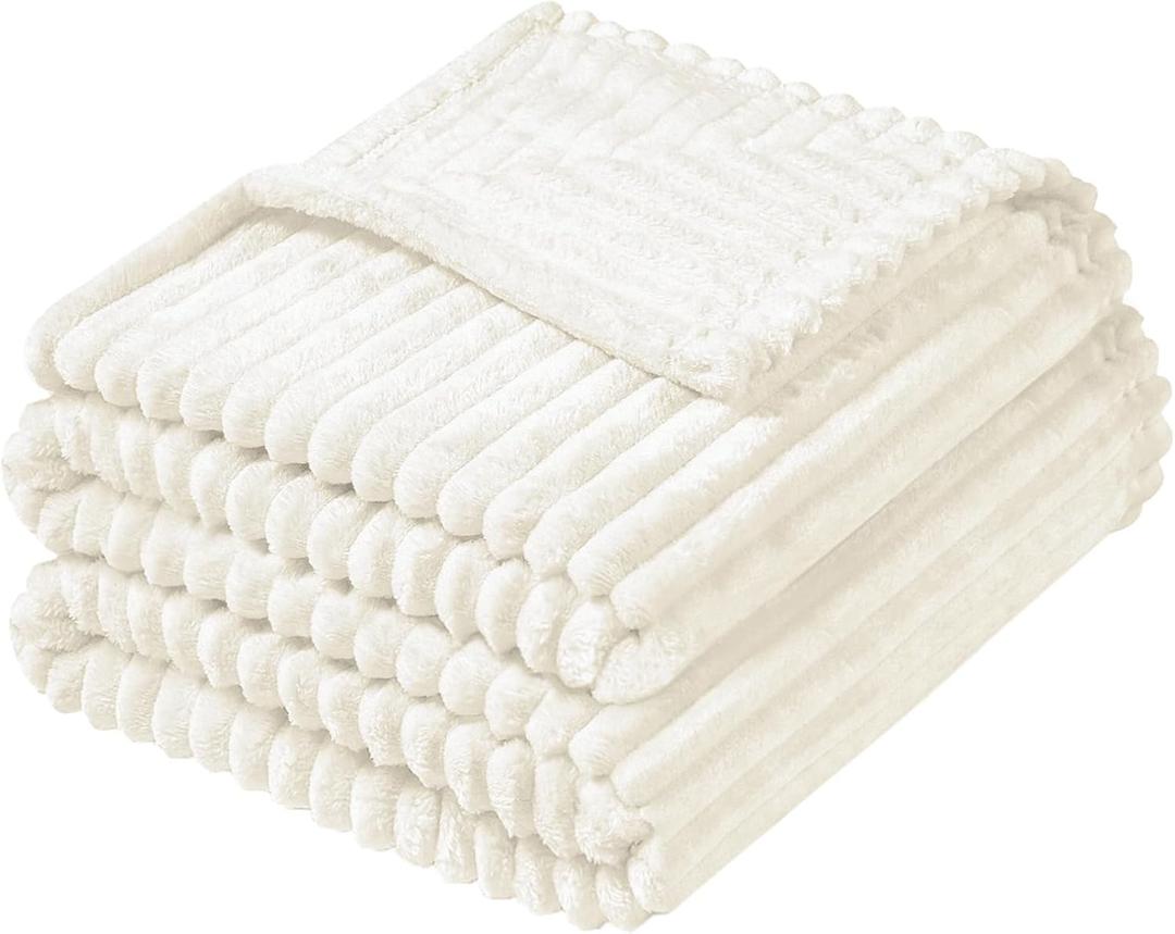 Vessia Flannel Fleece Striped Bed Blanket Twin Size(60x80inch), 300GSM Microfiber Cream Comfy Decor, Soft Warm Cozy Lightweight Ivory Ribbed Blanket for All-Season