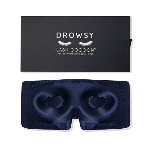 DROWSY Eyelash Protecting Silk Sleep Mask for Natural Lashes & Extensions. Deep Eye Cups, Zero Pressure, Total Blackout, Full Wraparound (Midnight Blue)