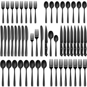 48 Pieces Black Silverware Set, Black Flatware Set with Steak Knives, Food-Grade Stainless Steel Cutlery Set for 8, Tableware Eating Utensils, Dishwasher Safe