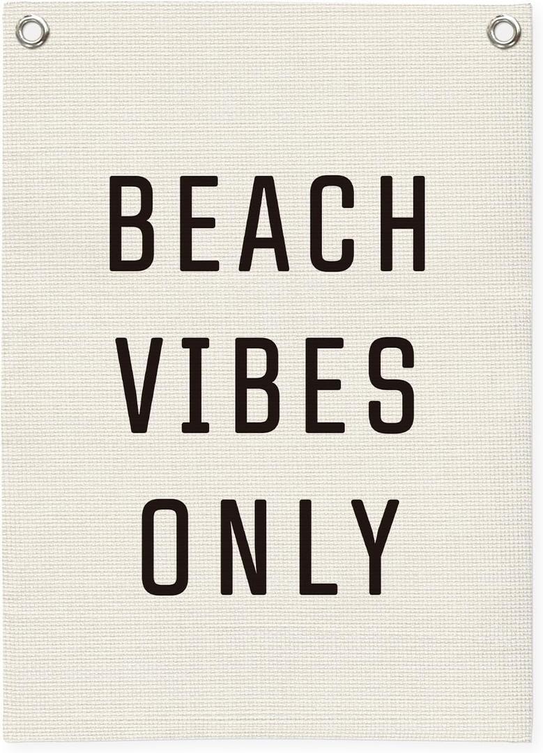Beach Wall Decor Linen Canvas BannerBeach Signs Wall Decor Hanging Flag Banner for Homes Playrooms NurserySummer Displays, Ocean Themed Bedroom Decor 18x25 Inch (Beach vibes only)