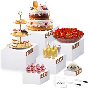 6 Pcs White Buffet Risers, Acrylic Display Stands for Party Catering, Dessert, Cupcake, Jewelry, Collectibles, Nesting & Stackable Food Display Risers with Hollow Bottoms (8",7",6",5",4",3") - Includes Tabletop Signs & Markers