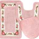 Drydiet 3 Pcs Rose Flowers Bathroom Rugs Set Coquette Room Decor Floral Bath Mat U Shaped Toilet Rug Non Slip Absorbent Floral Bath Carpet(Pink)