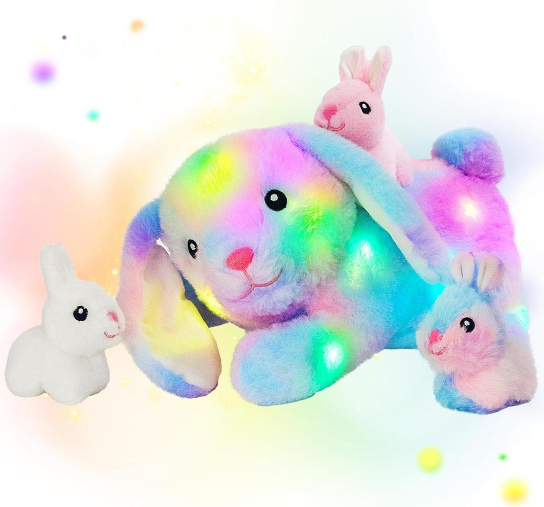 Hopearl LED Stuffed Rabbit Lighting Up Bunny Plush Toy Playset Mommy with 3 Babies in her Tummy Lullaby Animated Soothe for Mom Kids Toddler Girls, Rainbow, 12''