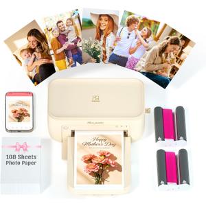 iDPRT 46 Photo Printer, Portable Color Picture Printer, Thermal Sublimation Mini Picture Printer, Bundle 108 Sheets Photo Paper & 2 Ribbon Cassette, Photo Printer for iPhone & Android