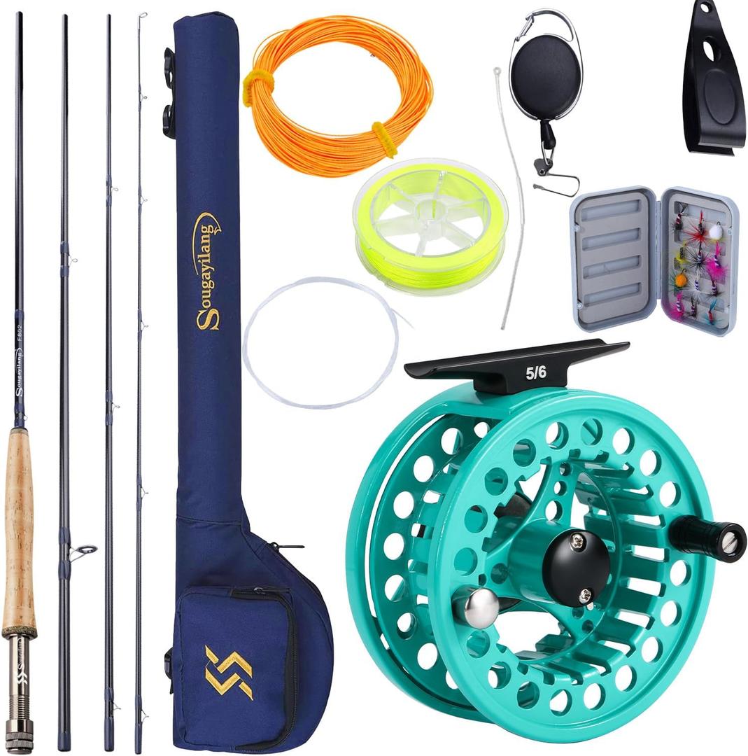 Sougayilang 5/6 Weight 9ft Fly Rod, 4-Piece Graphite Rod, Die Cast Aluminum Reel, Carrying Case, Fly Box & Fishing Flies Combo Starter Kit
