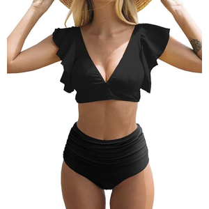 SPORLIKE Women Ruffle High Waist Swimsuit Two Pieces Push Up Black Bikini M