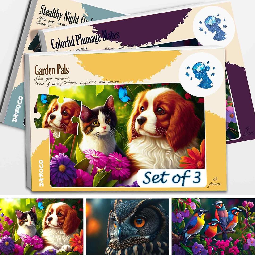 QUOKKA 13 Piece Dementia Activities for Adults - 3 Set Dementia Puzzles for Elderly - Large Piece Gifts Products for Seniors - Alzheimers Jigsaw Puzzle Games for Adults with Cat, Dog, and Birds