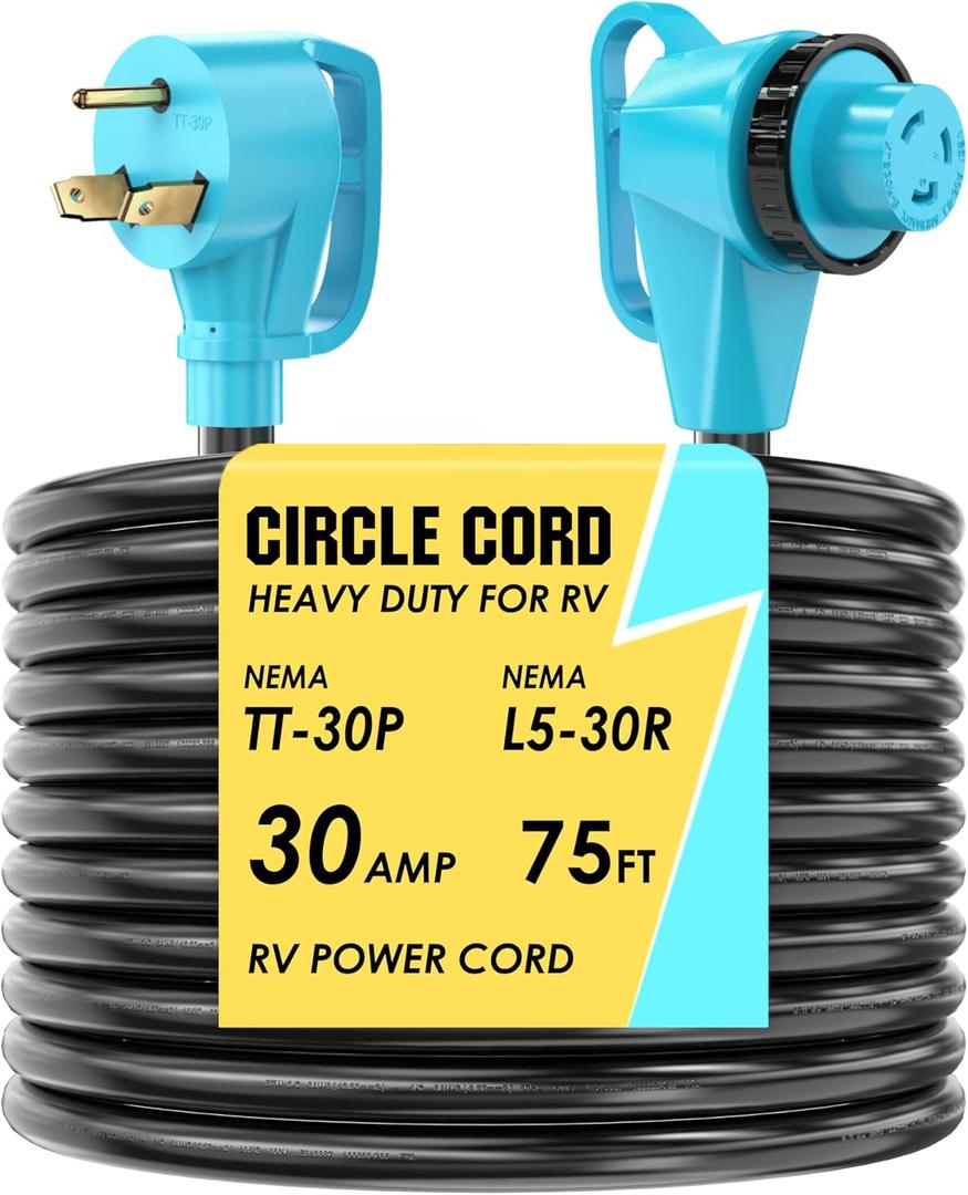 CircleCord 30 Amp 75 Feet RV Power Cord with 90 Right Angle Twist Locking, Heavy Duty 10 Gauge STW Pure Copper Wire with Grip Handle, TT-30P to L5-30R with Cord Organizer for RV Trailer Campers