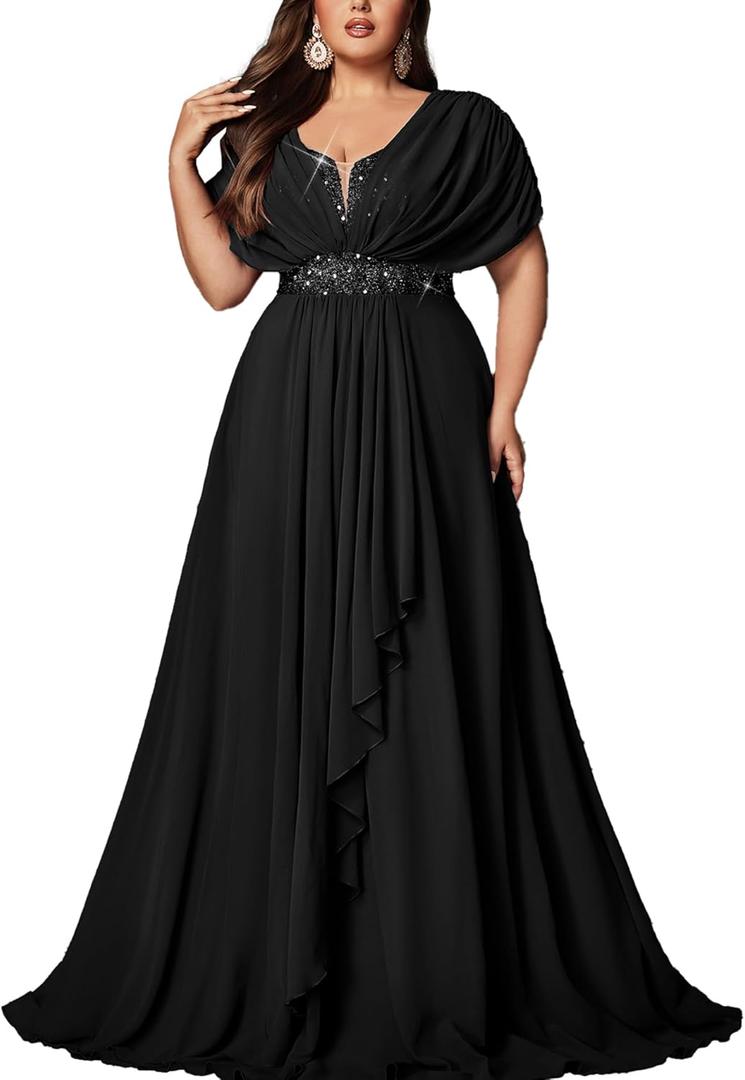 Women's Plus Size Wedding Guest Summer Maxi Elegant Sequin Bridesmaid Dresses A line Long Evening Party Cocktail Gown (Black, L)