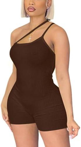 MVKV Women Sexy One Shoulder Spaghetti Strap Romper Tummy Control Jumpsuits ,Size large
