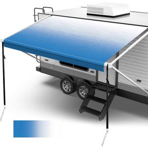 Fonzier RV Awning Fabric Replacement, 19.5oz Heavy Duty Vinyl, with Tie Down Kits & 7 Hooks & Pull Strap for Trailer Camper Awning- 17'(Fabric 16'2"), Blue Fade