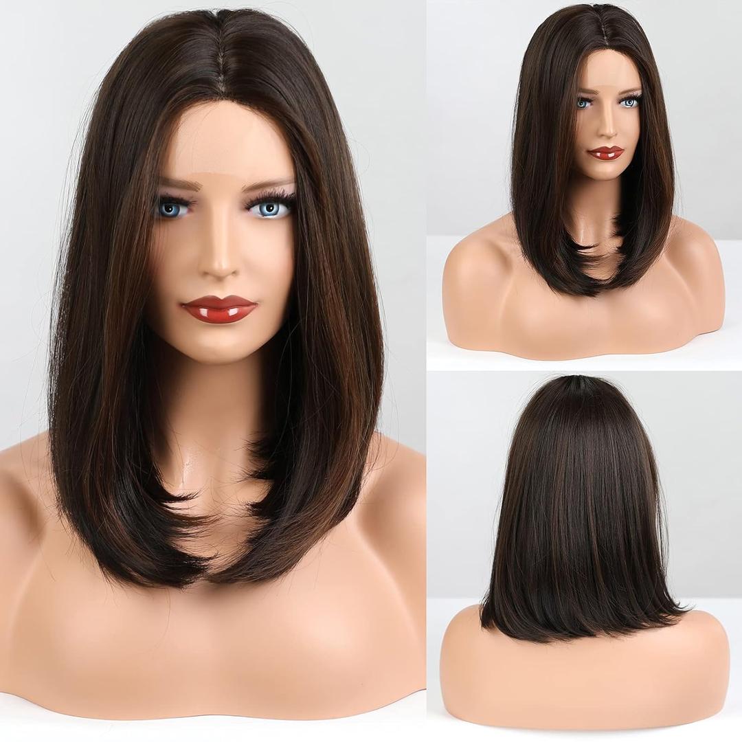 HAIRCUBE Short Wigs for Women,Dark Brown Bob Wig Shoulder Length Synthetic Wig Heat Resistant Hair for Daily Party Use 16 Inches(Open Cap)