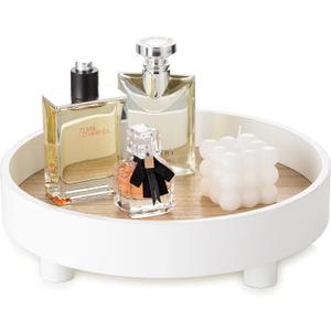 Hanobe Round Decorative Vanity Tray: White Bathroom Perfume Dresser Trays for Women Circle Pedestal Stand Wood Riser for Display Decor