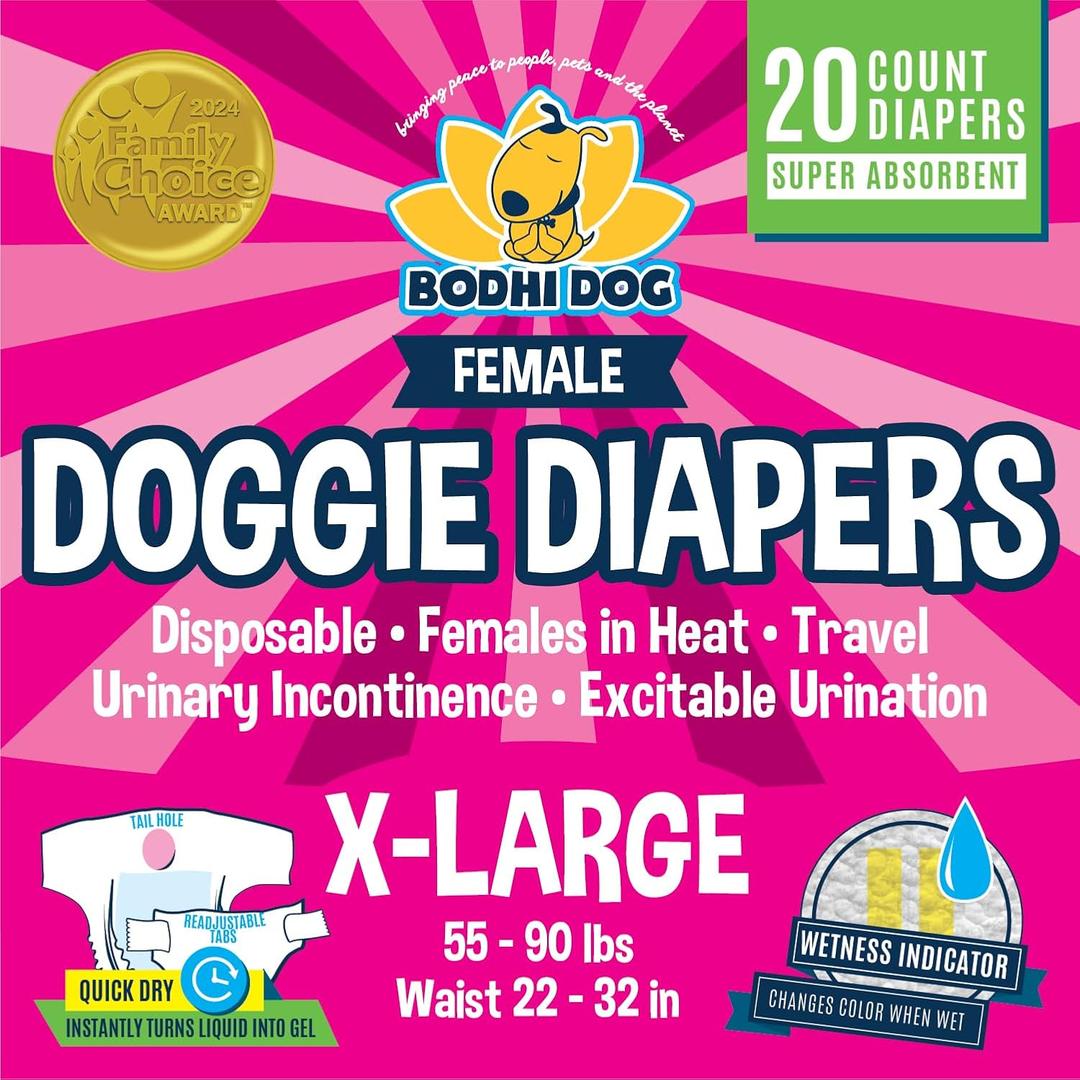 Bodhi Dog Disposable Female Dog Diapers - Super Absorbent Dog Diapers for Female Heat Cycle - Adjustable Fit Pee Wraps for Potty Training, Moisture Control & Wetness Indicator - Extra Large (20 Count)