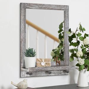 Rustic Wall Mirror with Shelf Farmhouse Mirrors Round Hanging Stonebriar Wall Mirrors for Bathroom, Vanity, Bedroom, Entryway, Living Room Front Door Wood Frame Mirror 16.5x23in Rustic Brown