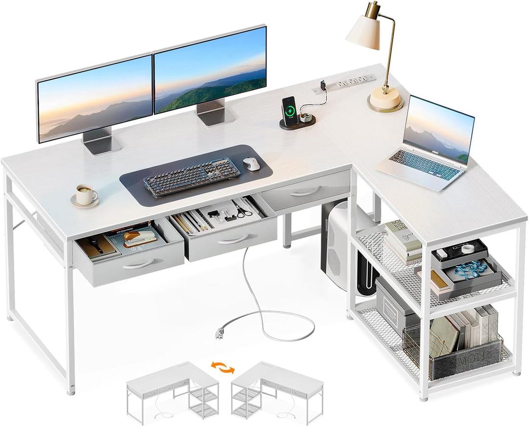 AODK 53 Inch L Shaped Computer Desk with Drawers, Corner Desk with Power Outlets & Reversible Storage Shelves, for Home Office Gaming, White