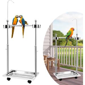 Tandefio Parrot Stand Bird Play Stand 21.65 x 15.35 x 27.95 Inches Large Metal Stainless Steel Bird Playstand Adjustable Height Perch with Universal Wheels and Feeding Bowls