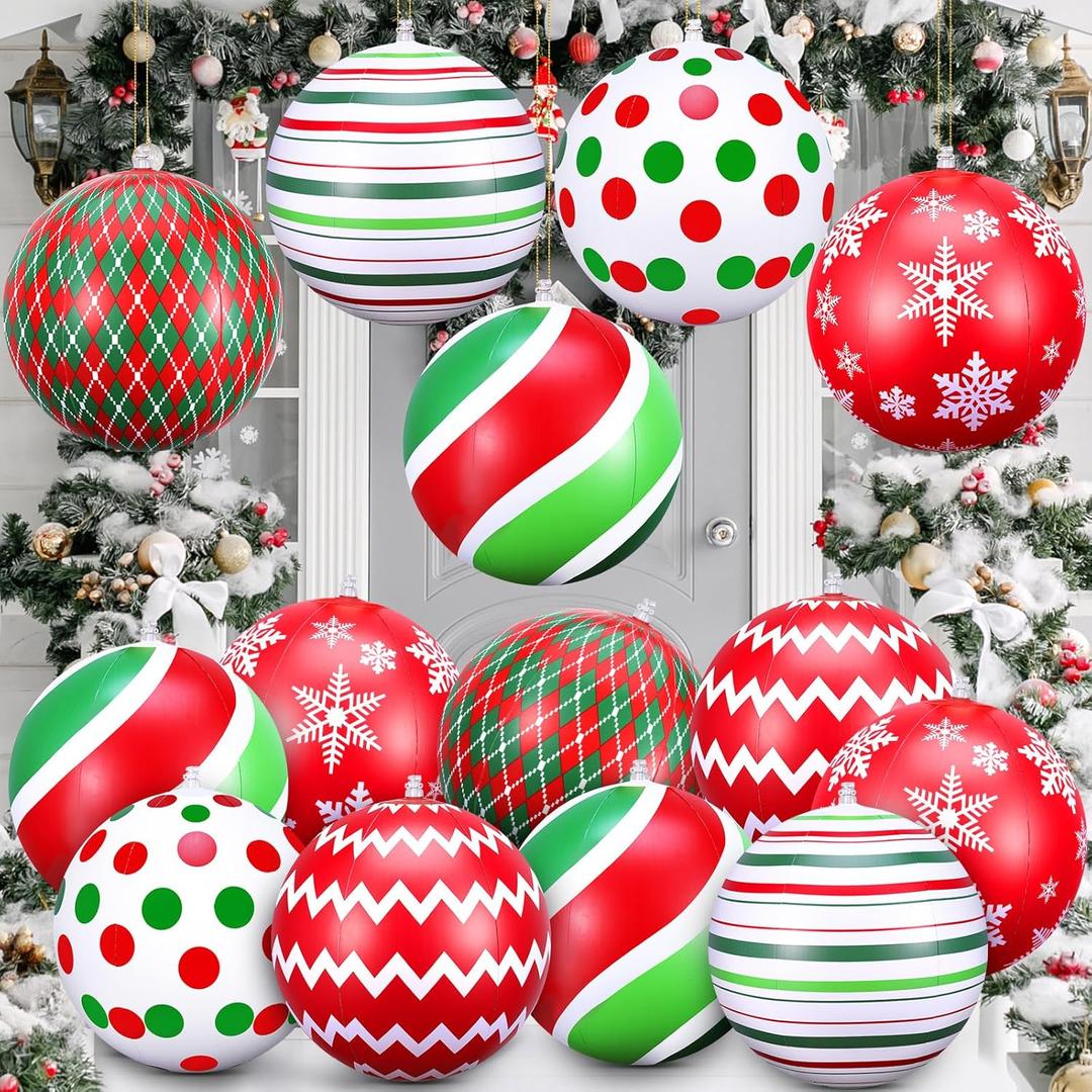 12 Pcs 12 Inch Inflatable Christmas Ball Ornaments Large Christmas Hanging Tree Ornaments Blow up PVC Christmas Balls Decorations for Xmas Porch Yard Lawn Holiday Party Decor (Small, Multicolor)