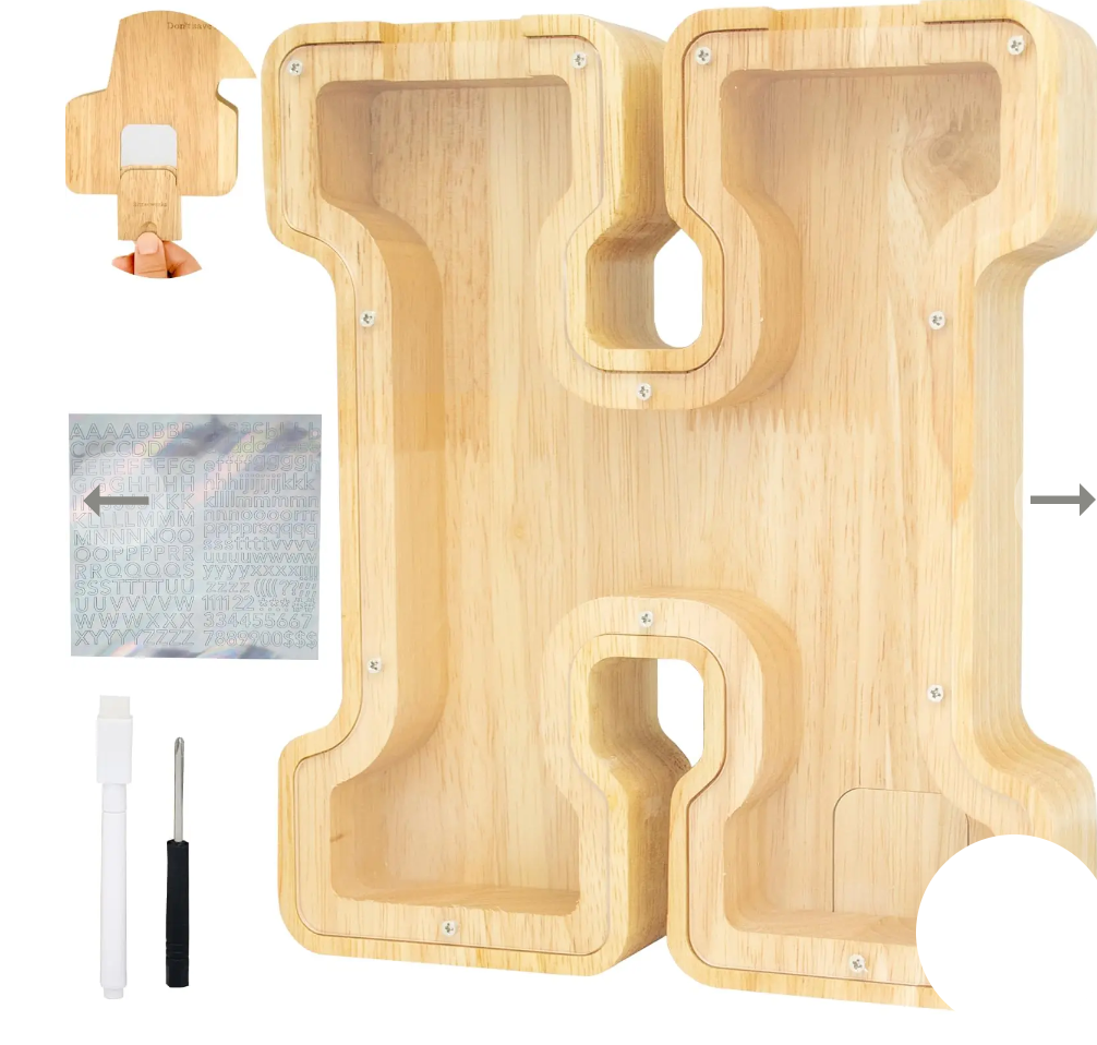 Bitreeworks Letter Piggy Bank, Personalized Wooden Coin Banks, Large Wood Money Peny Bank for Adults (9", Alphabet H)