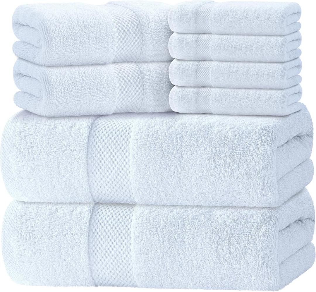 Luxury White Bath Towel Set of 8 Pieces - 100% Turkish Cotton Highly Absorbent Towels for Bathroom, 2 Luxury Bath Towels 700GSM, 2 Hand Towels, 4 Washcloths