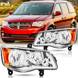 Headlights Assembly Pair for 2011-2020 Dodge Grand Caravan/2008-2016 Chrysler Town & Country Halogen Headlamps Head Front Lights Replacement Driver and passenger Side,Chrome Housing Amber Reflector