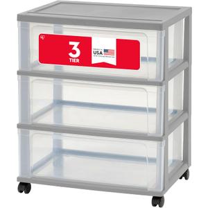 IRIS USA Plastic Drawer Storage Organizer Rolling Cart, with Wheels Casters, 3-Drawers, for Art Craft Supplies Bathroom Dorm Bedroom Laundry Room, Wide, Gray