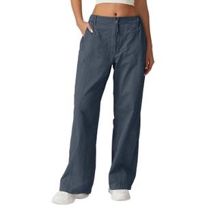 QINSEN High Waist Cargo Pants for Women Front Zip Relaxed Fit Wide Leg Pants Casual Lightweight Woven Pants Dark Slate L
