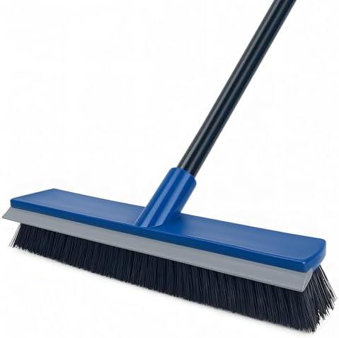 16 Inch 2-in-1 Squeegee Push Broom Outdoor Deck Brush 58" Long Handle for Patio Garage Warehouse Driveway Concrete Floor Cleaning Scrubbing(Blue)