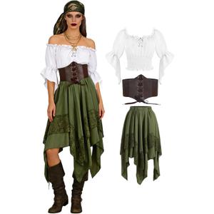 Verceco Women Pirate Costume Adult Renaissance Medieval Outfit with Peasant Top and Pirates Skirt 3-Piece Halloween Set, Green, M