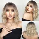 incohair 14 inch Ombre Blonde Bob Wig for Women Short Wavy Wig with Bangs Dark Roots Heat Resistant Synthetic Party Wig for Women Daily Wear Wigs