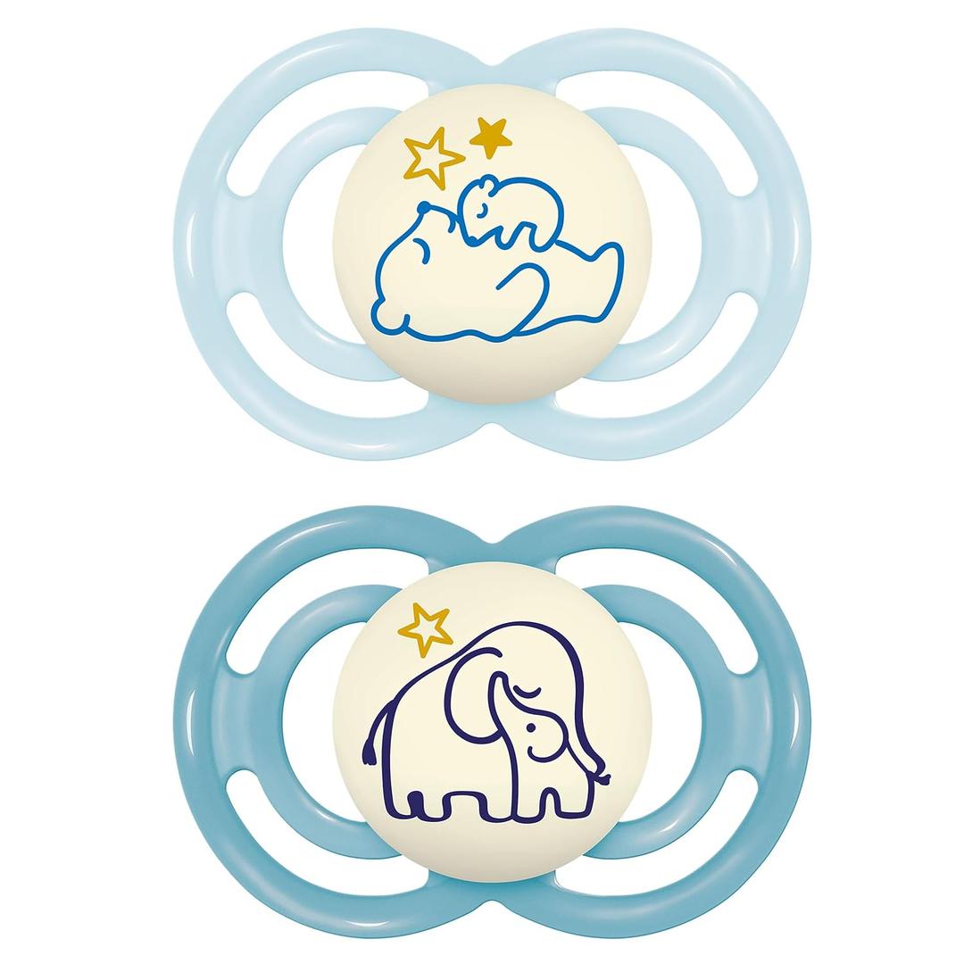 MAM Perfect Night Baby Pacifier, Patented Nipple, Glows in The Dark, 2 Pack, 6-16 Months, Boy (Night Blue / Sky)